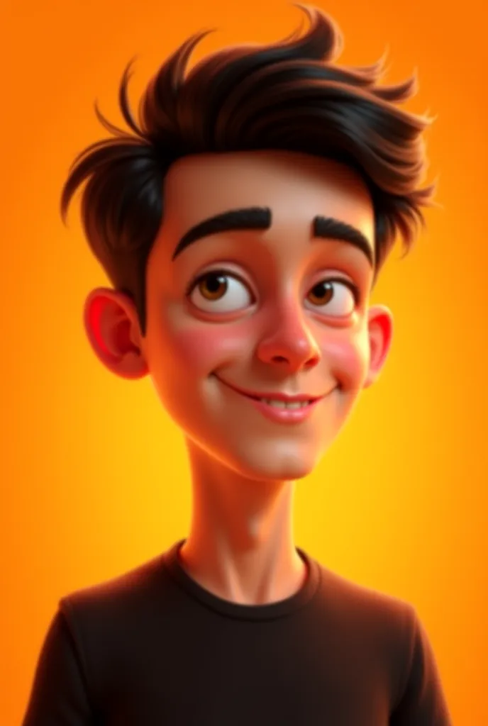 Create a digital cartoon-style portrait of a young man with a realistic yet slightly stylized appearance. He has short, slightly messy black hair, smooth skin, and a well-defined face. His eyes are deep and expressive, and his expression is calm and confid...