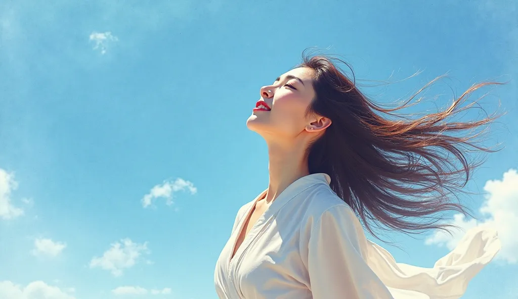 High quality realistic painting,standing picture of a beautiful mature Japanese woman,Mysterious profile,long brown hair fluttering in the wind,The expression looking up at the sky and smiling, wide angle shot, Soft Light ,watercolor texture,Blue sky backg...