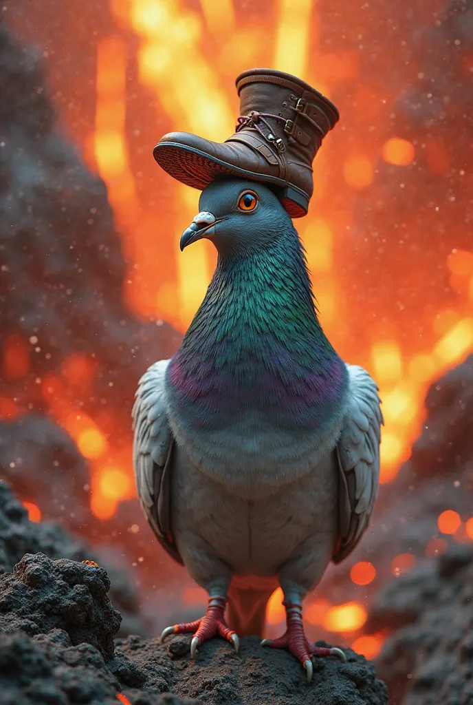 Photo of pingeon in boots On the head in the lava