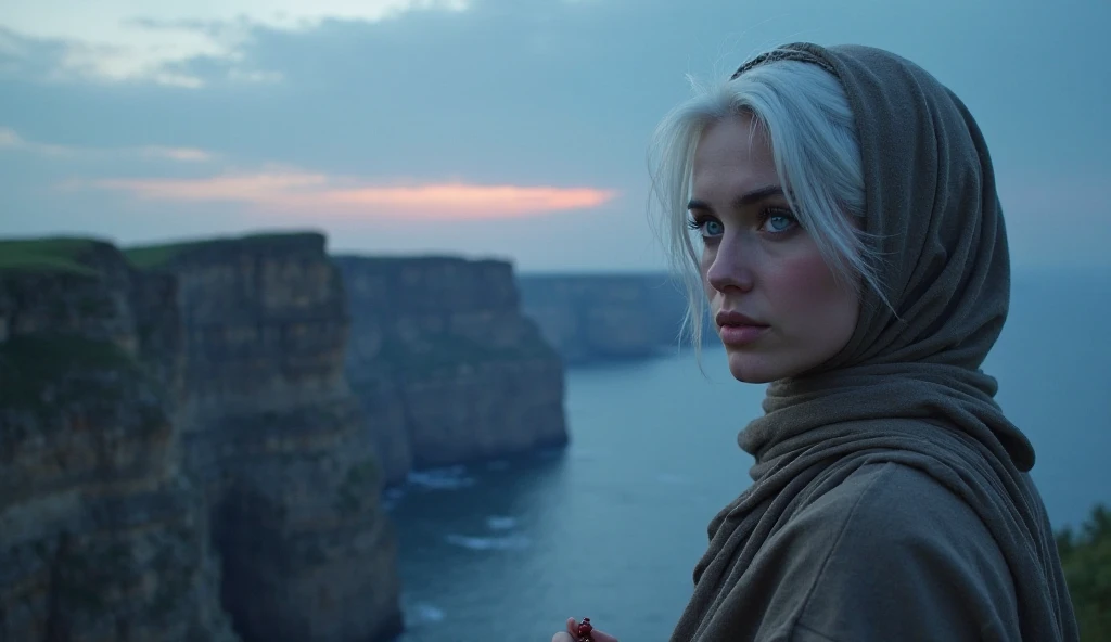 A white-haired woman with deep blue eyes, in a full hijab, standing at the edge of a cliff at dusk. She’s holding a small prayer bead, her expression one of wild curiosity, the horizon glowing faintly as if hinting at something big ahead."