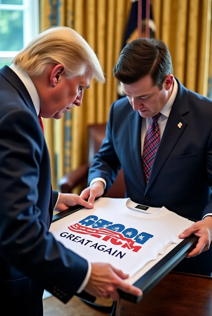 Donald Trump & Elon Mask are working t shirt screen printing, printing logo is "Great Aamerican Great Again", they are holding screen printing frame, at the American White House, in Oval Office, photography, detail