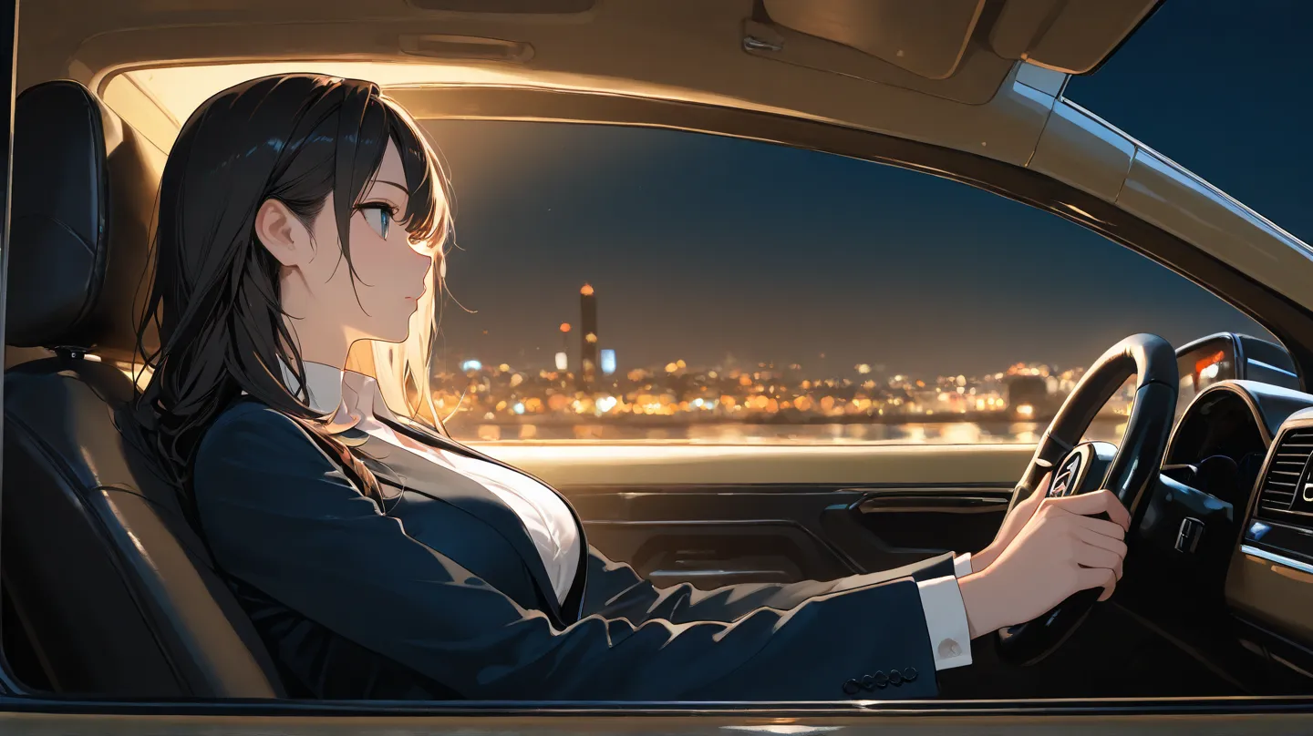 (Best Quality), (Very detailed), (Best illustrations),Gravure Model,(Alone), 1girl ,Riding in a car, driving,night,side view,Handle, sit in the seat,night view,suit,shirt,A ,masterpiece,Best Quality,so beautiful,High resolution,((Glamorous Body))),(masterp...