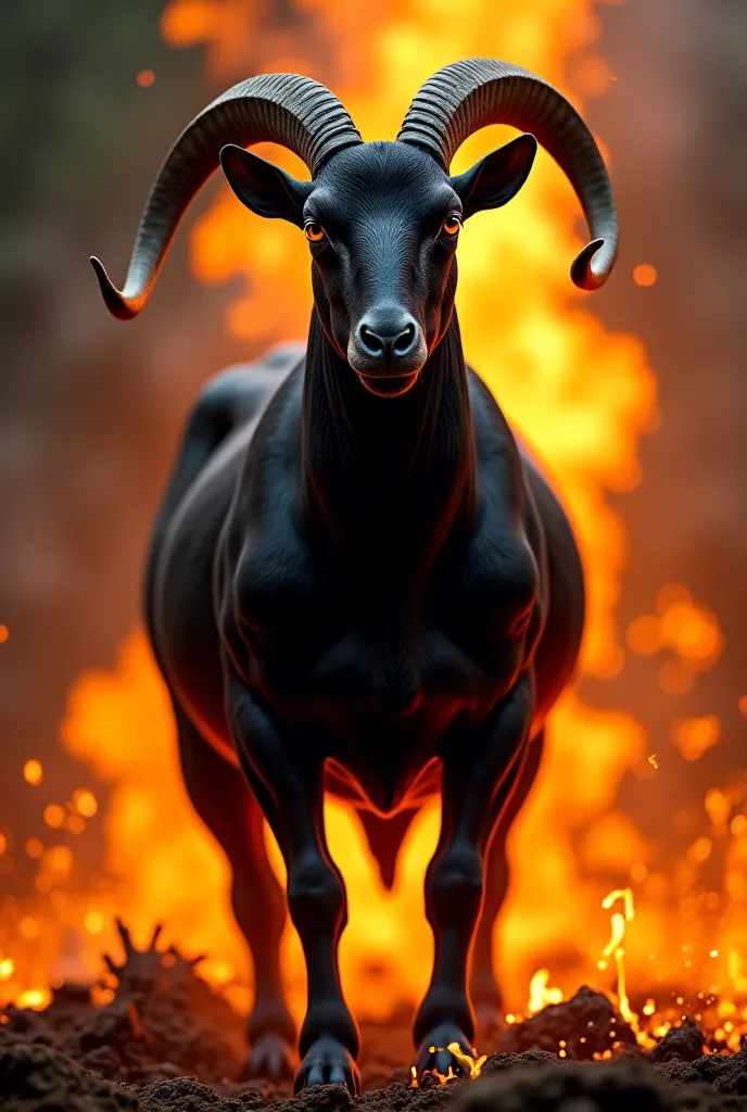 Muscular black goat from Candinha de Índio on fire background realistic image realistic image 