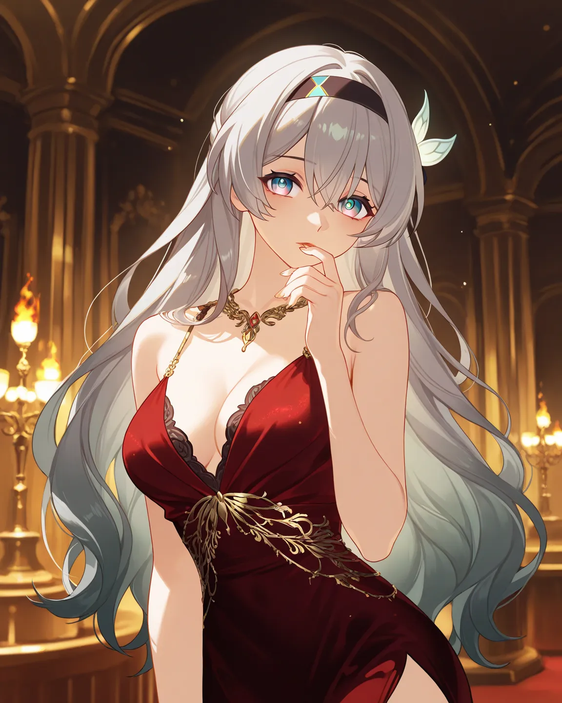 1 girl,firefly(honkaistarrail),honkaistarrail,dressed in an elegant evening gown. She is wearing a sleek, dark red dress with golden accents, designed with a high slit and intricate embroidery resembling flames. Her long silver hair is styled in a loose, w...