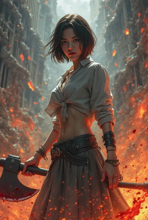 ((Full body photo, standing, feet on the ground)) a 23-year-old Korean woman, short dark brown hair, black eyes, beautiful face, dressed in grey attire, holding a blue bloody axe, blood dripping, hellfire background, sexy painting, fantasy art by tyler edl...