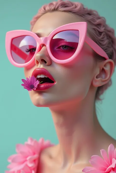 an iconic model bust up with sunglasses, she is vey erotic, very big sunglasses very vogue, and she has an open flower in the mout, very erotic, the flower is exiting her mouth she bring it in her mouth, very pop pastel colours, a little futuristic and ali...