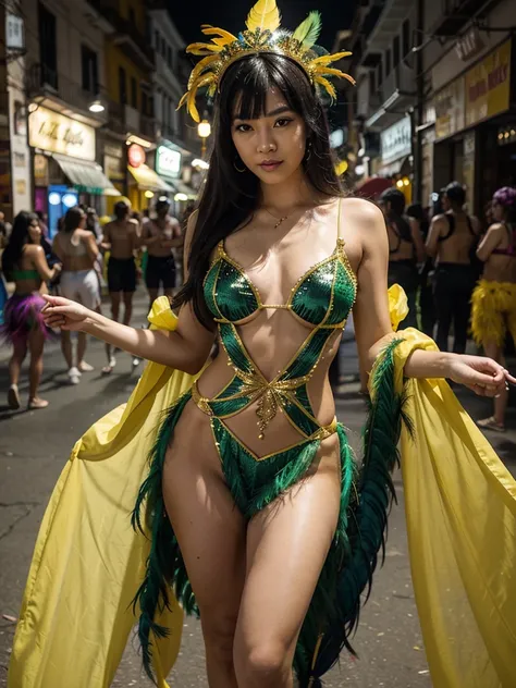 a close up of a Asian woman with black hair and bangs in a green and yellow costume, exotic costumes, brazil carnival, celebration costume, bold rave outfit, green feathers, beautiful costume, wild rave outfit, full body with costume, gogo dancer, female d...