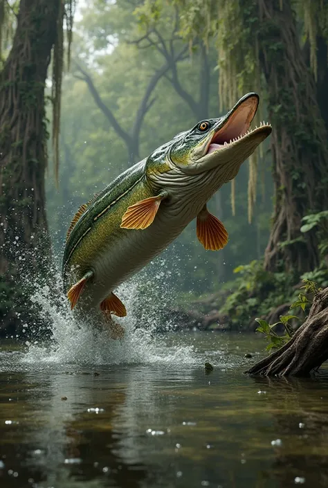 Create me a 3D image of a fish (Pike) jumping out of the water in the swamp forest 