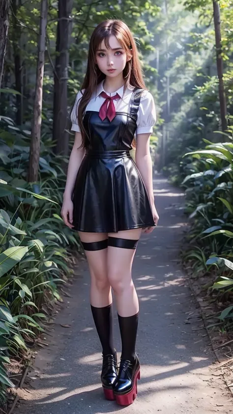  full body  , fitted figure , cute beautiful schoogirl,  beautiful cute  faces with big lips ,  black  leather skater  pinafore dress,  blouse short  puffy sleeves ,  black leather short  skater skirt,  red silk pioneer neckerchief,  brunette long hair,  B...