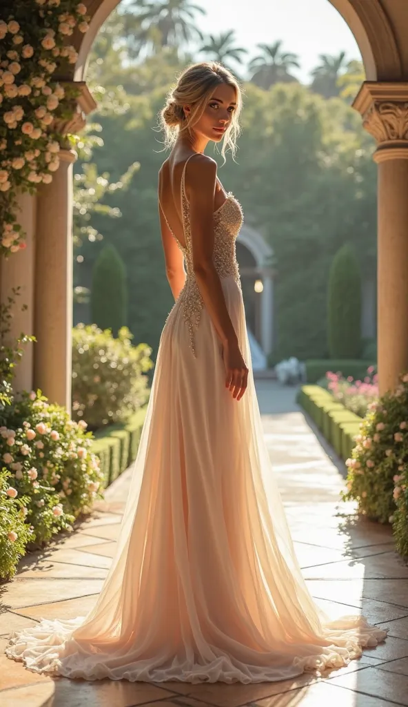 Woman Poses in Gorgeous Maxi Dress at Wedding.,