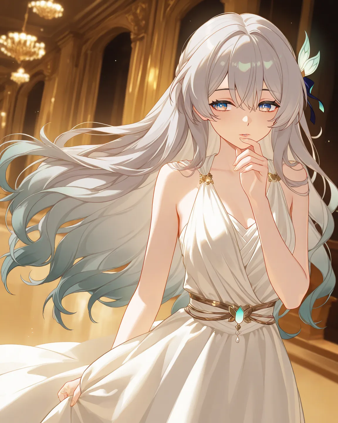 1 girl,firefly(honkaistarrail),honkaistarrail,dressed in an elegant evening gown. She is wearing a white gown,Her long silver hair is styled in a loose, wavy look, with a few strands framing her delicate face, Firefly’s expression is rare—soft yet slightly...