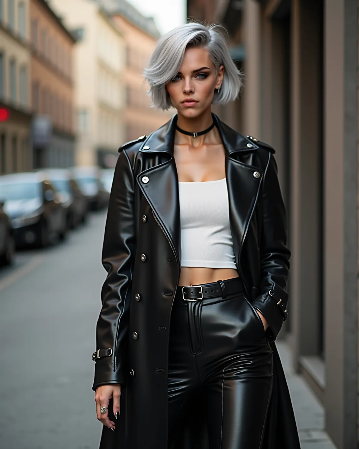 Short punk silver style hair  woman in leather pants and a white top posing for a picture, leather pants | natural lighting, leather pants with a belt, leather clothes, leather, leather pants, woman is in a trenchcoat, wearing a leather trench coat, wearin...