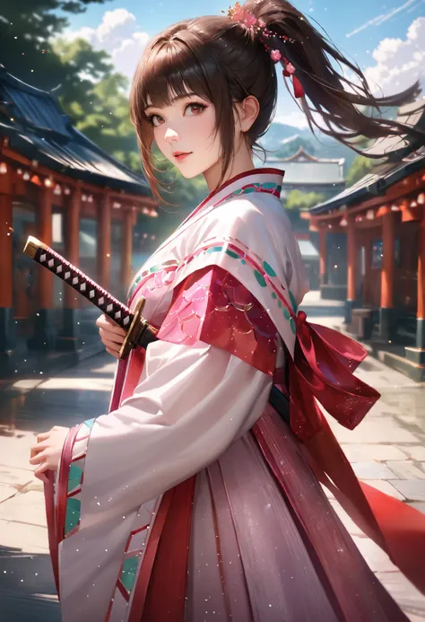 Shrine grounds, Clear sky with white clouds, Shrine maiden, Blur the background,a girl,18 years old,ponytail,Holding a Japanese sword,Glitter effect,Highest quality, 8k, High resolution, masterpiece:1.2, Very detailed, Realistic, High resolution, 超High res...