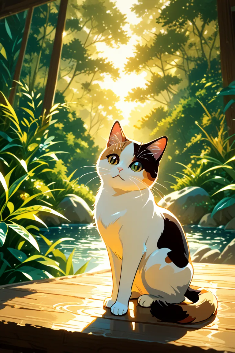 Cite ,charming  anime girl  bring  cute  cat  ,beautiful  background 