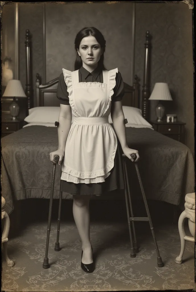 An old black-and-white photo with scuffs and scratches. A little sepia. Highest quality (16 KB, high resolution, masterpiece: 1.5), excellent detail (realistic, photorealistic image). A beautiful one-legged woman on one leg (one-legged), leaning on worn-ou...