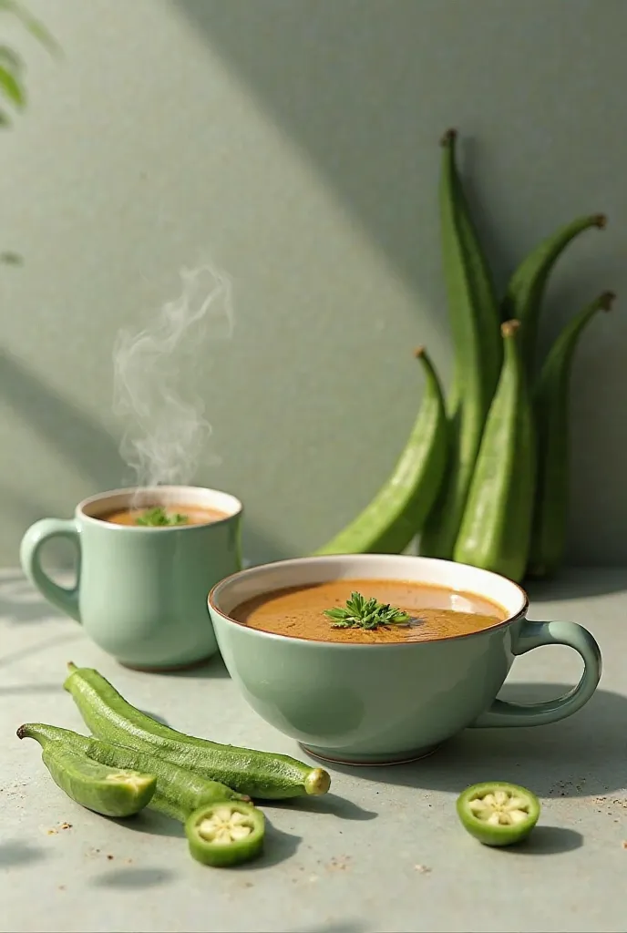 A cup of okra coffee with sliced okra and a plate of okra soup with giló okra over the cup