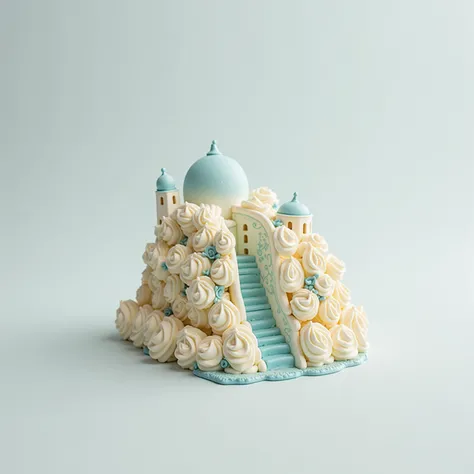 realistic photo shot of piece of cake, which design is inspired by Santorini's architecture