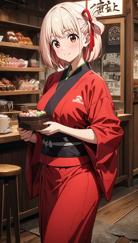 (beautiful girl : 1.3),1 girl,(chisato nishikigi),( red kimono,hair ornaments close to the garden),archic smile,Carrying Japanese sweets placed on Obon,Old coffee shop,masterpiece,Best Quality,Ultra High Resolution,rich contrasts,high image quality,8k,High...