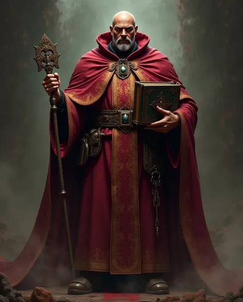 crea una imagen de un hombre sacerdote del mundo de warhammer pelado con rostro hard que este vestido solo con una tunica eclesiarquica bordo,  with gold details, with a symbol of the God of Humanity in one hand and a large book in the other. hard
