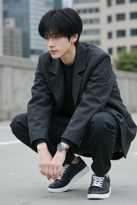 1 Japanese man 、18 years old、Highest quality, Trendy clothes, clock, Sneakers, Crouch, Hands that hang naturally, black hair