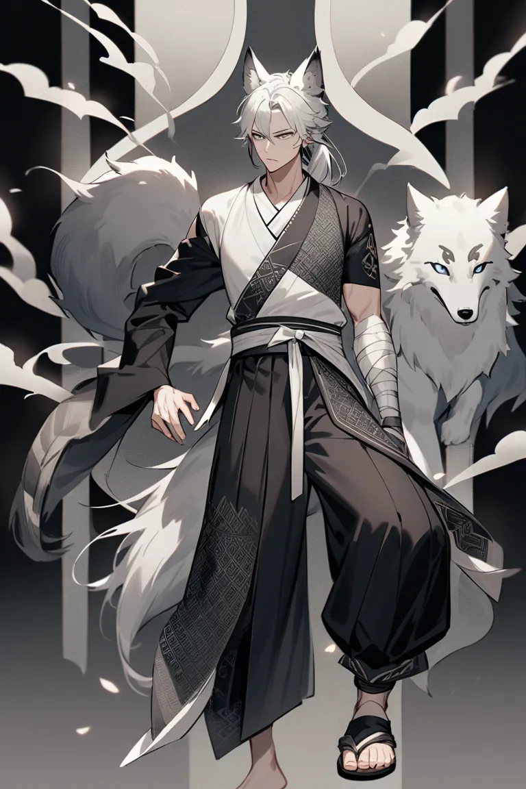 A male warrior with the features of a half-wolf, wearing a traditional one-sleeve kimono. One sleeve is normal, while the other arm is wrapped with bandages, exposing his shoulder. The outfit is primarily black and pale ash-white, adorned with subtle gray ...