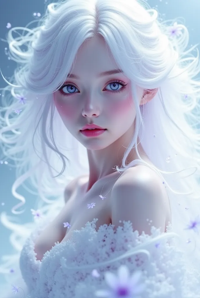 White skinned woman with purple eyes with white hair 