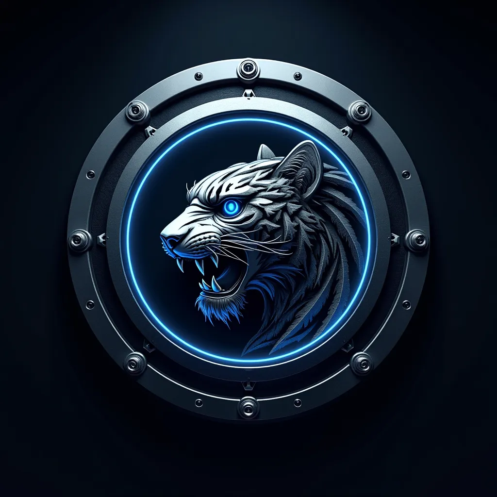 A futuristic and powerful circular logo design featuring the letter 'E' seamlessly blended with a fierce, stylized tiger. The tiger should be integrated into the letter, symbolizing strength, agility, and cybersecurity. The design should have a high-tech, ...