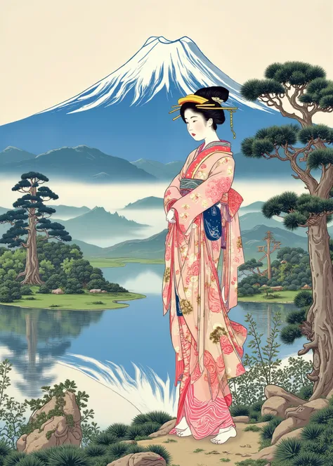 着物を着た女性の背景にFuji山. Fuji. on the background of a woman wearing a kimono