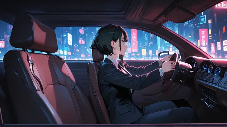 (Best Quality), (Very detailed), (Best illustrations),Gravure Model,(Alone), 1girl ,Riding in a car, driving,night,side view,Handle, sit in the seat,suit,cyberpunk,city,A ,masterpiece,Best Quality,so beautiful,High resolution,((Glamorous Body))),(masterpie...