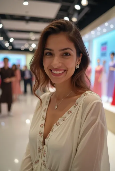 A captivating close-up of a stunning Pakistani beautiful woman, with a radiant smile, taking her selfie picture with iphone at the Centro Fashion exhibition display. The display features a vibrant assortment of fashion bags, jewellery, perfumes, s' fashion...