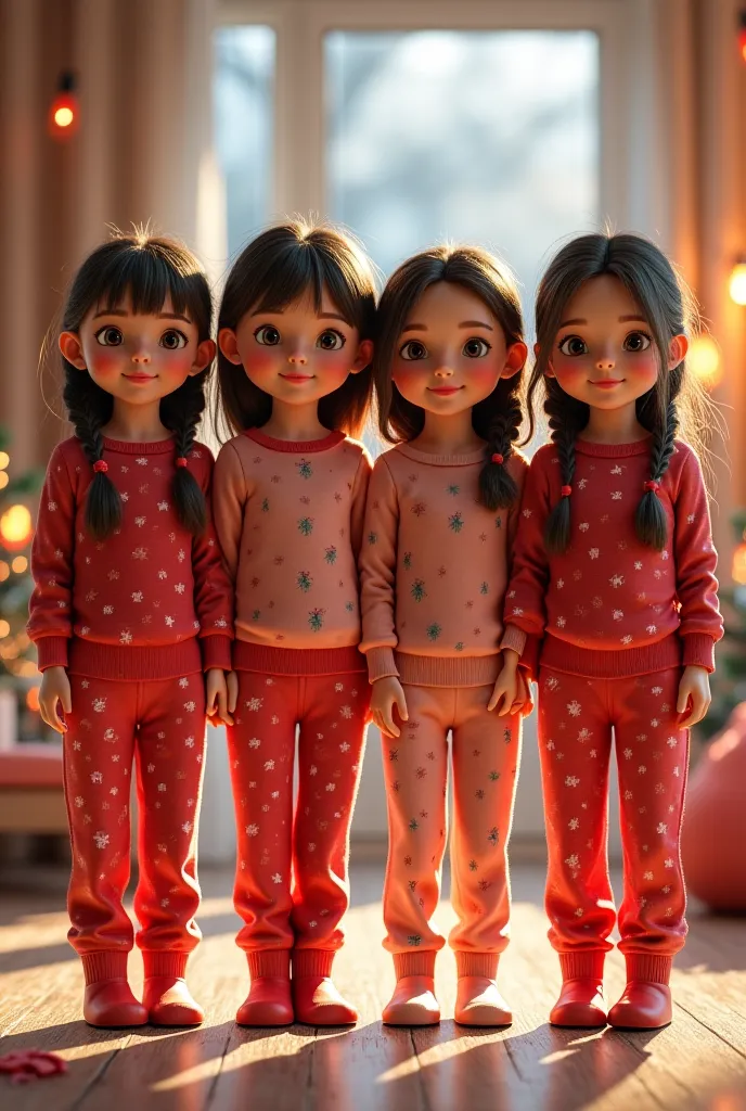 Four cute 140 cm tall girls lined up beside each other, smal wSist and thick thighs in tight winter pyjamas, ultra realistic picture 