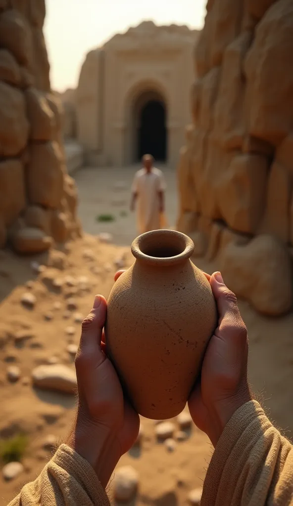 "A point of view (POV) scene from the perspective of a man living in the time of Jesus. His view is focused primarily on his two hands holding a rough clay jar, creating the immersion of a first-person perspective as he walks along an uneven stone path tow...