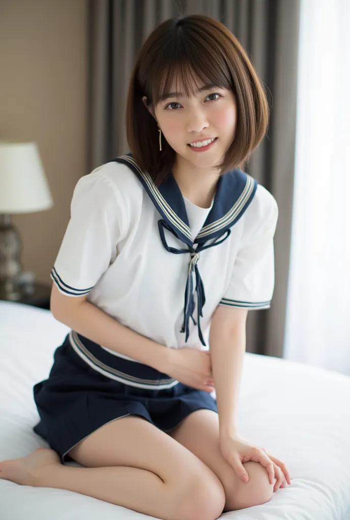 (Masterpiece, Best quality:1.4), (Ultra realistic, Photo-realistic:1.3), nsfw, (Wearing Sailor suit, White short sleeve:1.2), (Dark navy skirt:1.2), (Wearing white sock), (medium breasts), Natural light, 26 years old actor, Japanese woman, Neat and clean, ...