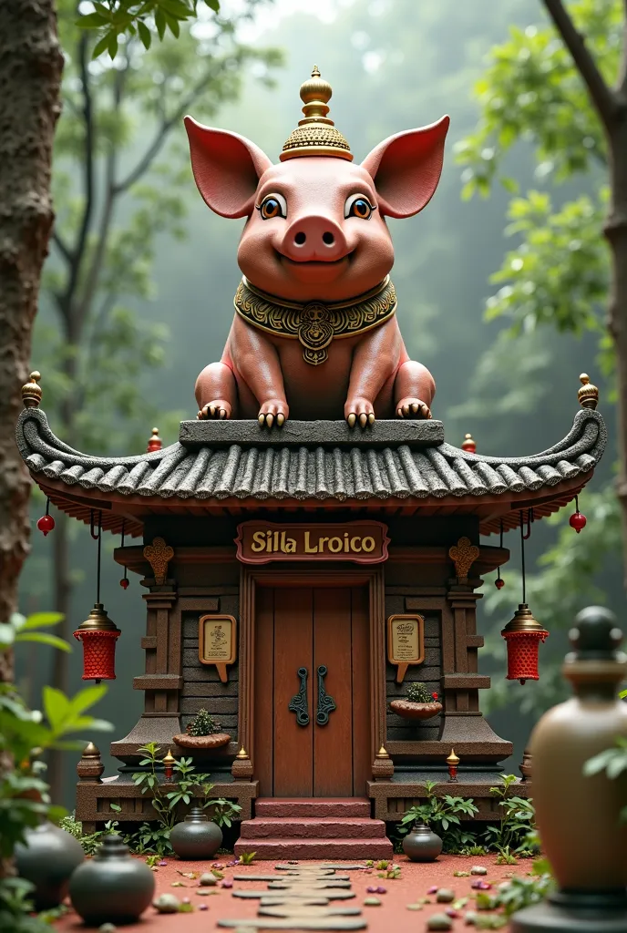 A small Thai shrine with a “pig god” in the shrine and a sign stating that there is a two-story pig god. The shrine must have no monks or anything objecting to religion. , No Background 