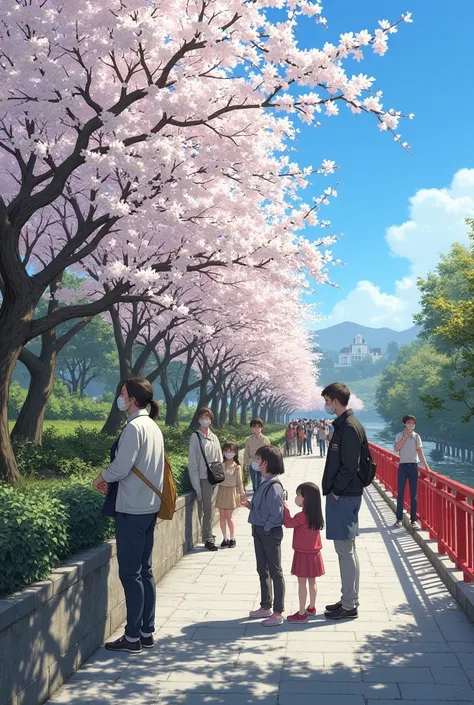 A group of people, including adults and ren, are standing along a walkway, looking at flowering plum trees.  The trees are laden with numerous delicate, white blossoms.  The walkway has a low stone wall and a red railing.  The adults are wearing various ca...