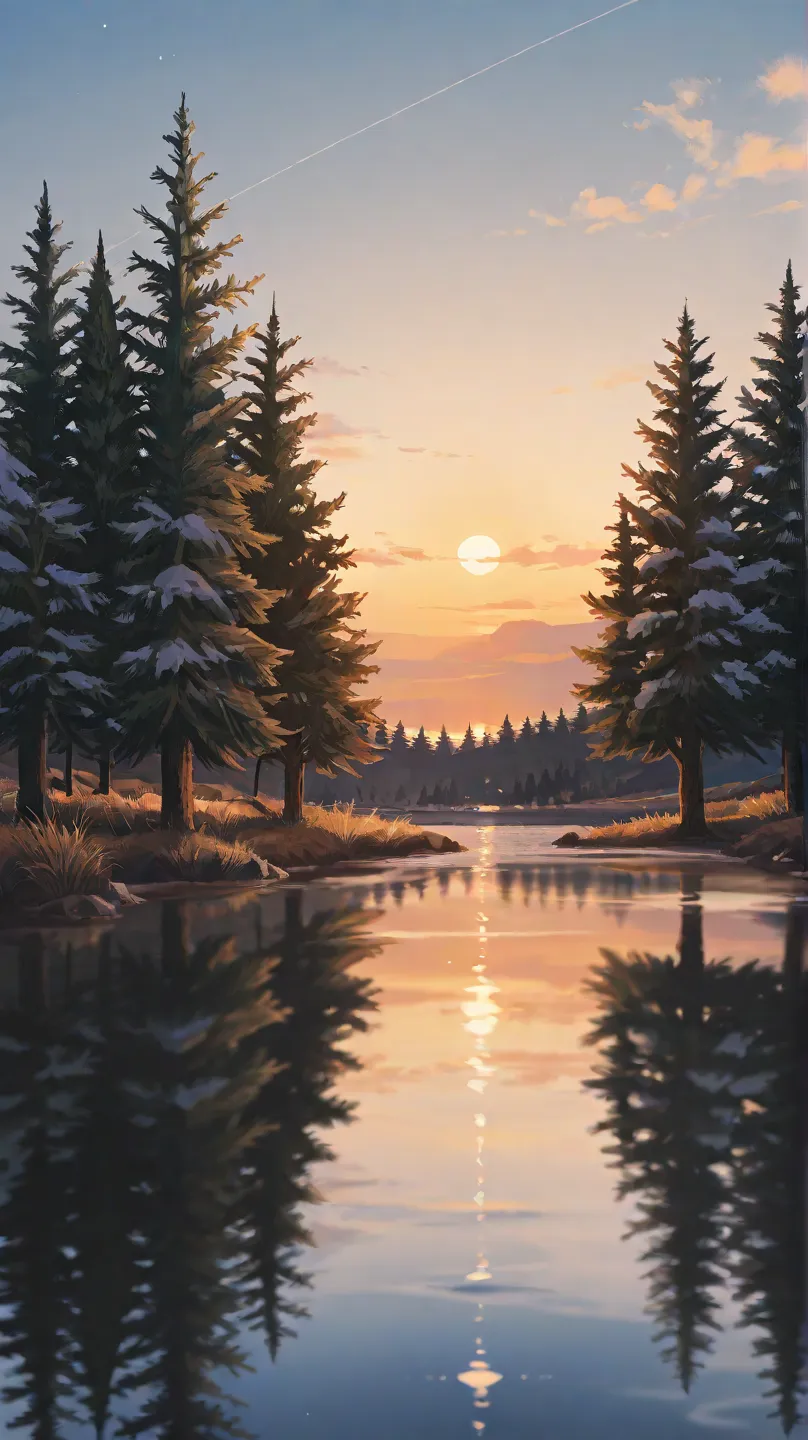 A visually descriptive scene, such as a serene lake surrounded by tall pine trees under a golden sunset, reflecting vivid colors on the water. Include realistic details and natural lighting for a tranquil atmosphere.