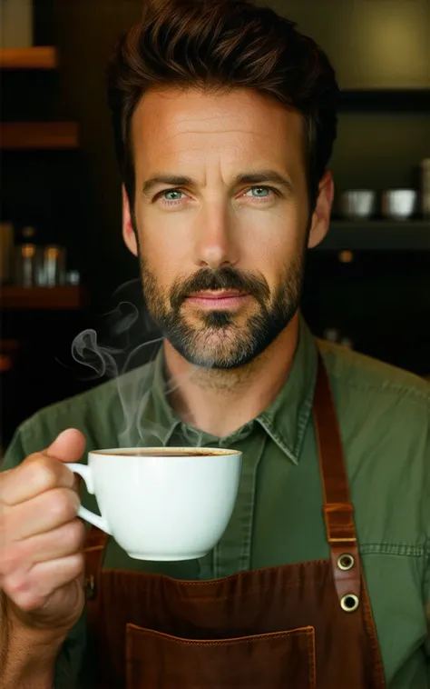 certification of a coffee drinker, realistic portrait of a passionate barista,  holding a steaming cup of coffee , concentrated expression, Blurred background of coffee shop, warm lighting,  Rich texture details , Soft focus effect, oil painting technique,...