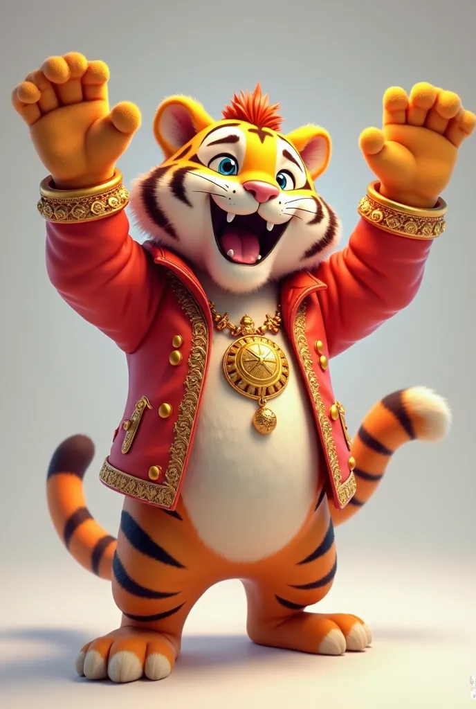 2D character showing sideways for a platform game, adult tiger with open red jacket, gold details, necklace with large gold pendant, 3D, avatar, realistic, happy raising arms, smiling, no background