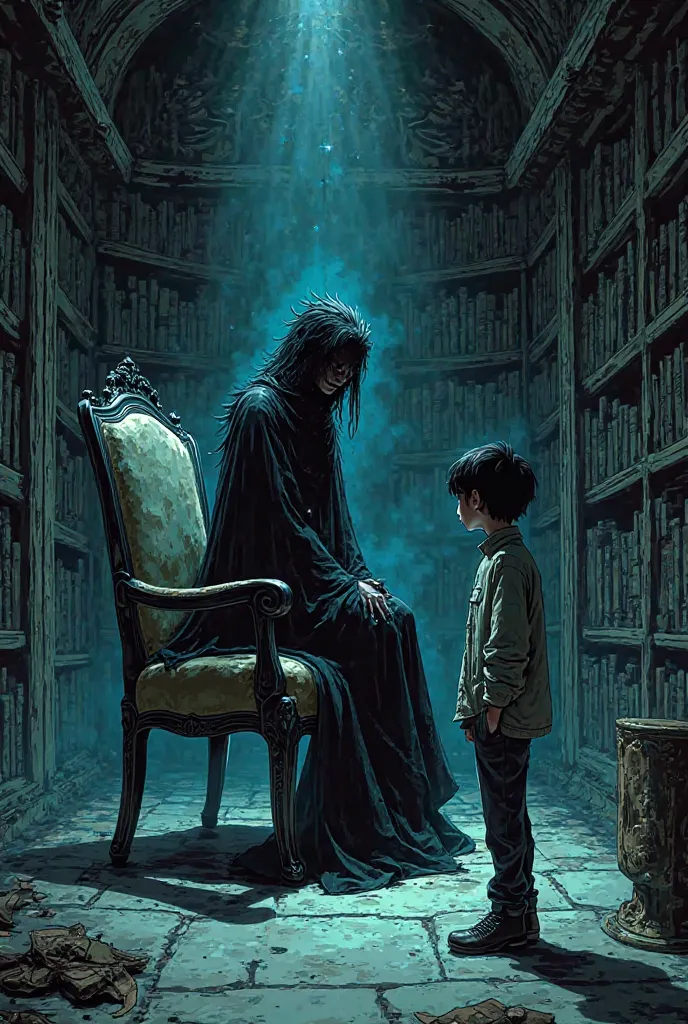 A manga panel of a guy in a dark library seeing a chair inside with a dark fairy sitting on it 