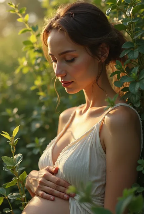  Pregnant woman , realistic portrait, with,  with the peaceful expression ,  in full, face details against a natural, landscape with lush green vegetation, warm lighting, photorealistic, high detail, 8k, professional image processing, oil painting