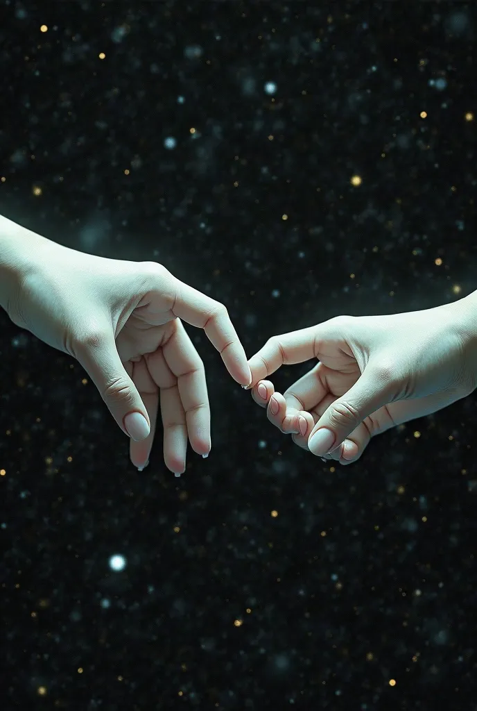 The anime-style hands on different sides barely touch each other with their fingers in the style of Micheleangelo's painting the creation of Adam on a black background