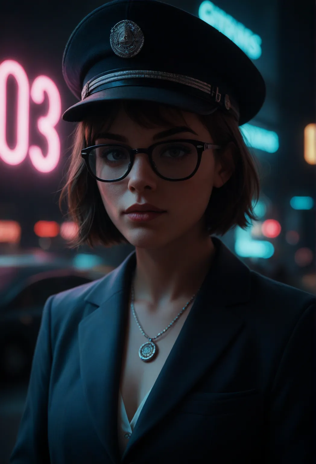 check_9, check_8_ upwards, check_7_ upwards, face close  upwards,  alternative girl , watching what's going on with black glasses, blazer, necklace, the reflections of neon lights on the skin , Sergeant, make upwards,  skin imperfection, short hair, hat,  ...