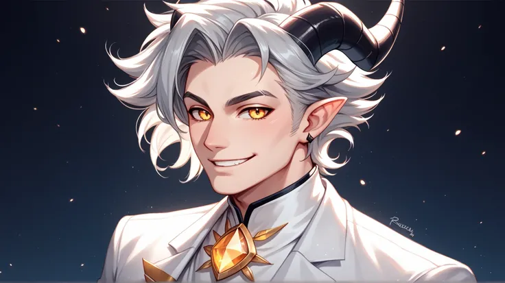 lean, handsome,early 30s ,attractive, demon, black white horns, male, helluva boss, solo, oc, white skin, silver hair, golden eyes, white clothing, smiles,