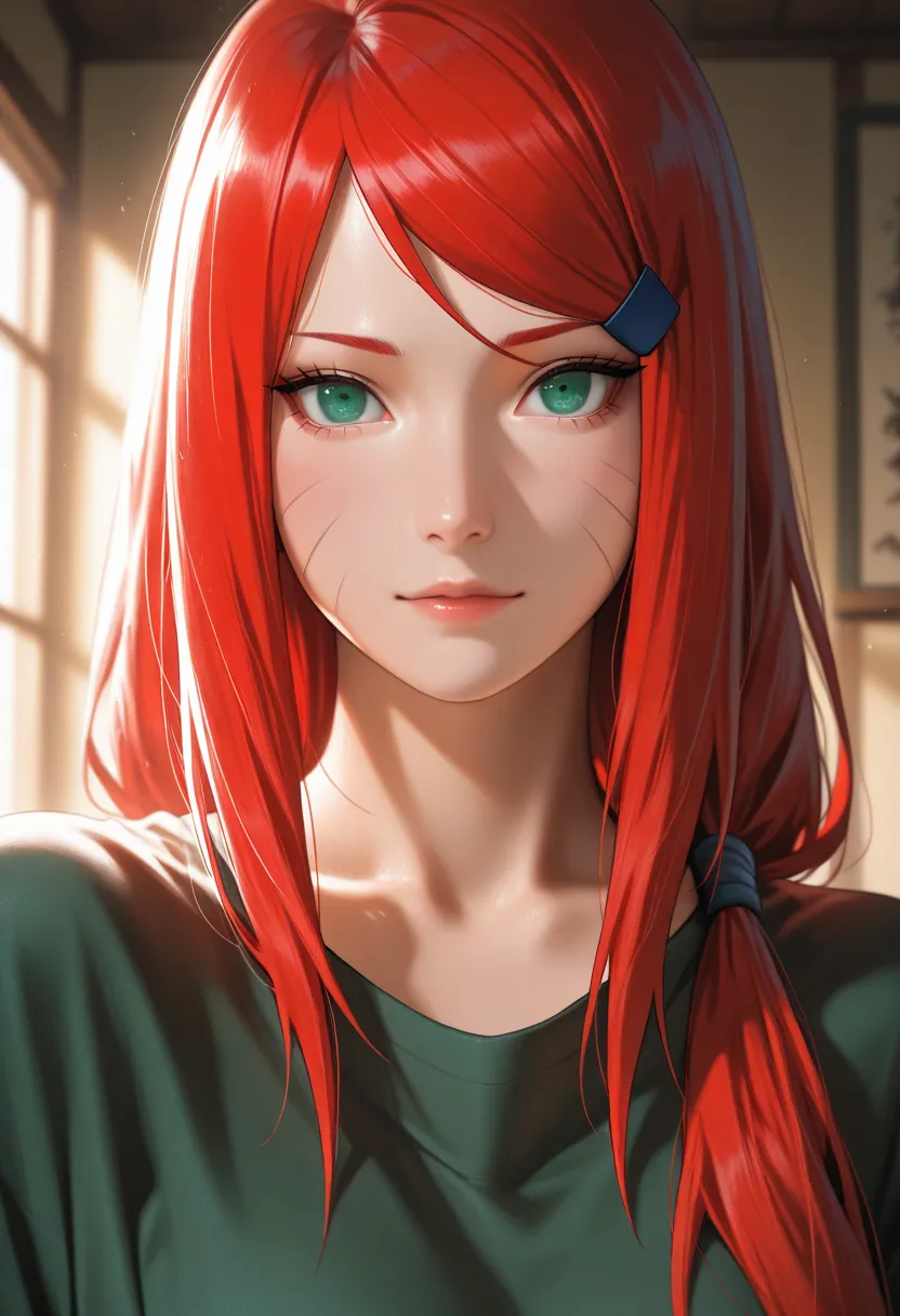 masterpiece, best quality, vibrant, very aesthetic, high contrast, photorealistic portrait,beautiful detailed face,detailed texture,detailed skin, newest, 1girl,naruto,source_ naruto,kushina uzumaki,shirt,room
