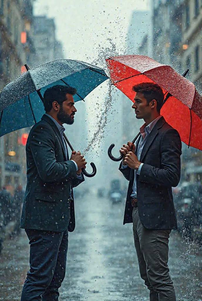 A man holding two umbrellas (a large umbrella and a small umbrella) From the small umbrella splashes on another large umbrella that another man is holding.