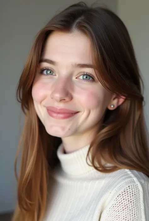 Profile picture of a girl around 30 years old who looks younger than her age. She has brown-blonde, long hair and dark blue eyes. Her skin is a little pale. She is wearing a white knitted sweater. She has a shy smile on her face. She is looking sideways.