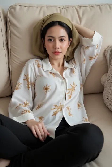 (RAW)   High quality photo  , 8K resolution   ,    realistic   .     Beautiful Woman   ,    wore a hijab on her head    ,  wore an Indonesian white+gold batik shirt  (  buttons her shirt open, big breasts  )    and wearing black leggings .Sexy waist      ,...