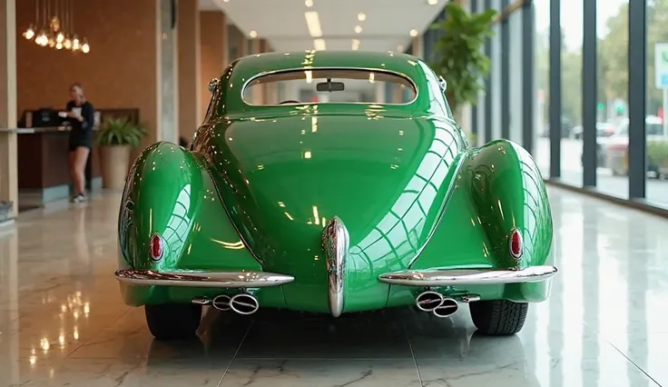 Realistic of futuristic 1938 jaguar SS 100, with modification, good looking, Bright green color, full back view, parked in luxury showroom .The background features a contemporary showroom setting with polished floors and natural light, enhancing the car's ...