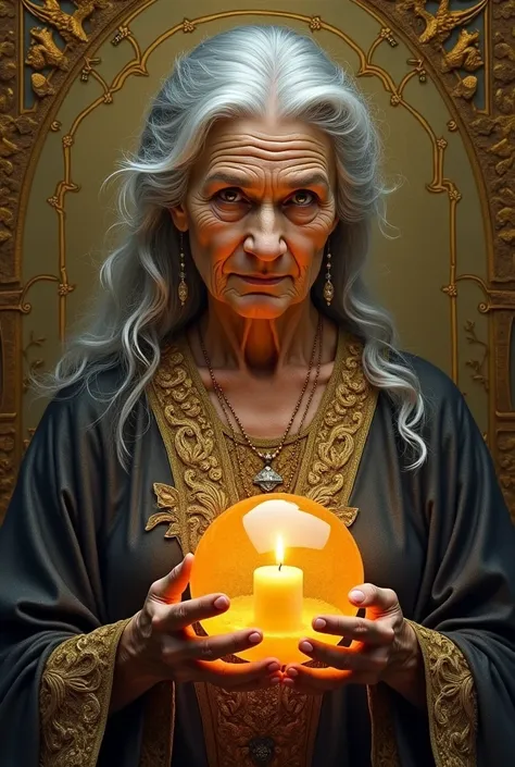 A wise woman of advanced age with silver hair and a penetrating gaze, dressed in a tunic rich in gold embroidery. She holds a crystal ball with a burning candle, radiating a warm light that reflects on her wrinkled skin. The background is a mixture of gold...