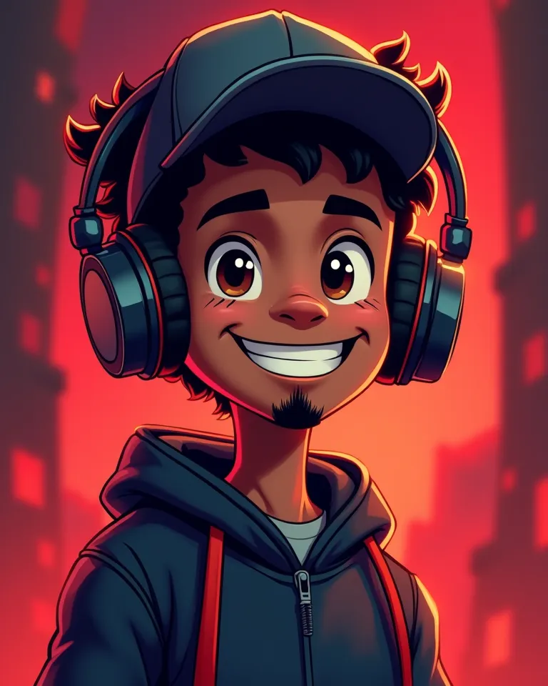 Create a masculine character with a more adolescent appearance, with dark-skinned cartoon goatee, brown eyes,short curly and black hair,  cheerful and vibrant expression. Ele deve ter um visual gamer, using modern headphones and a stylish cap. The characte...